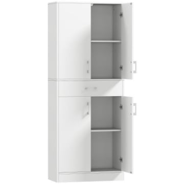 CREDENZA CUCINA ALTA CON 2 ARMADIETTI E UN CASSETTO CENTRALE, RIPIANI REGOLABILI E 4 ANTE TOTALI, BIANCO
