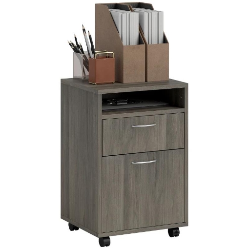 CASSETTIERA PORTADOCUMENTI A 4 RUOTE CON RIPIANO APERTO E CASSETTI, IN LEGNO E METALLO, 40X35X60 CM, GRIGIO