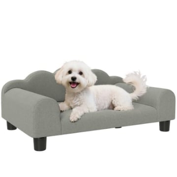 DIVANO PER CANI CON BRACCIOLI DI SUPPORTO, IN LEGNO E TESSUTO FRENCH TERRY, 66X42X28.5 CM, GRIGIO