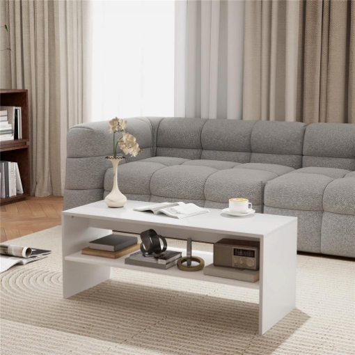 TAVOLINO DA CAFFÈ MODERNO IN LEGNO A 2 LIVELLI CON RIPIANO APERTO, 100X40X41.5 CM, BIANCO