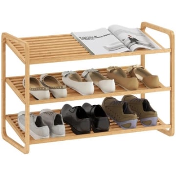 SCAFFALE SCARPIERA A 3 LIVELLI PER 12 SCARPE CON RIPIANI A DOGHE IN BAMB¨, 76X33X50.8 CM, COLORE LEGNO
