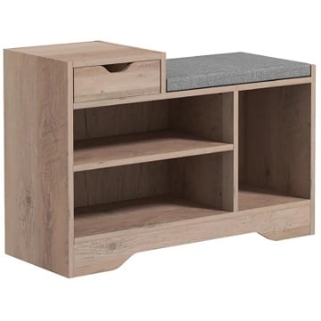 PANCA SCARPIERA MODERNA CON 3 RIPIANI APERTI E CASSETTI, IN LEGNO, POLIESTERE E SPUGNA, 76.5X30X52 CM, GRIGIO