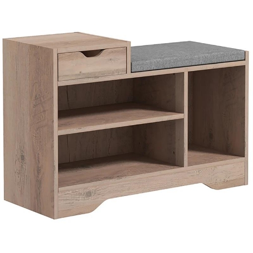 PANCA SCARPIERA MODERNA CON 3 RIPIANI APERTI E CASSETTI, IN LEGNO, POLIESTERE E SPUGNA, 76.5X30X52 CM, GRIGIO
