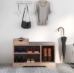 PANCA SCARPIERA MODERNA CON 3 RIPIANI APERTI E CASSETTI, IN LEGNO, POLIESTERE E SPUGNA, 76.5X30X52 CM, GRIGIO