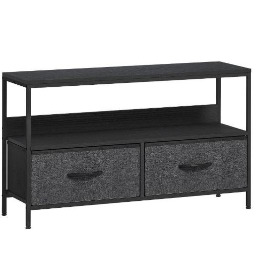 MOBILE PORTA TV DA 47" CON CASSETTI PIEGHEVOLI IN TESSUTO E MENSOLA IN METALLO E MDF, 98X29X56 CM, NERO