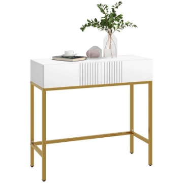 CONSOLLE DA INGRESSO MODERNA CON 2 CASSETTI E GAMBE DORATE, 80X31.5X75CM, BIANCO