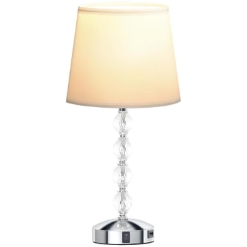 LAMPADA DA TAVOLO CON CRISTALLI E PORTA USB IN METALLO VETRO E POLIESTERE Ø 23X45 CM BIANCO E ARGENTO