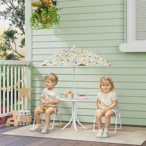 SET DA GIARDINO PER BAMBINI 2-5 ANNI CON TAVOLINO ROTONDO, 2 SEDIE PIEGHEVOLI E UN OMBRELLONE, BIANCO