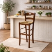 SGABELLO SNACK CON SEDUTA IN PAGLIA COLORE NOCE 39X38X90CM STILE RUSTICO SCHIENALE ALTO 