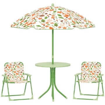 SET DA GIARDINO PER BAMBINI 2-5 ANNI CON TAVOLINO ROTONDO, 2 SEDIE PIEGHEVOLI E UN OMBRELLONE, VERDE