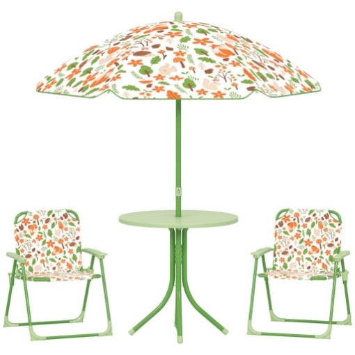 SET DA GIARDINO PER BAMBINI 2-5 ANNI CON TAVOLINO ROTONDO, 2 SEDIE PIEGHEVOLI E UN OMBRELLONE, VERDE