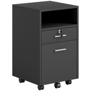 CASSETTIERA DA UFFICIO PORTADOCUMENTI IN LEGNO CON 2 CASSETTI E RIPIANO APERTO, 39X40X65 CM, NERO