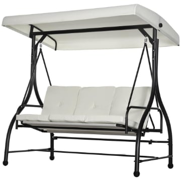 DONDOLO LETTO DA GIARDINO 3 POSTI CON TETTUCCIO REGOLABILE, IN ACCIAIO E POLIESTERE, 195X117X175 CM, CREMA E NERO