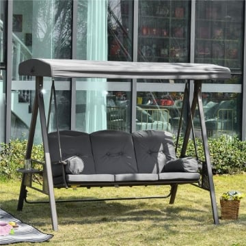 DONDOLO DA GIARDINO 3 POSTI CON TETTO REGOLABILE PORTABICCHIERI E CUSCINI 208X120X172 CM GRIGIO