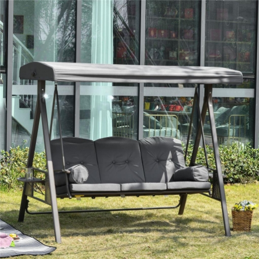 DONDOLO DA GIARDINO 3 POSTI CON TETTO REGOLABILE PORTABICCHIERI E CUSCINI 208X120X172 CM GRIGIO