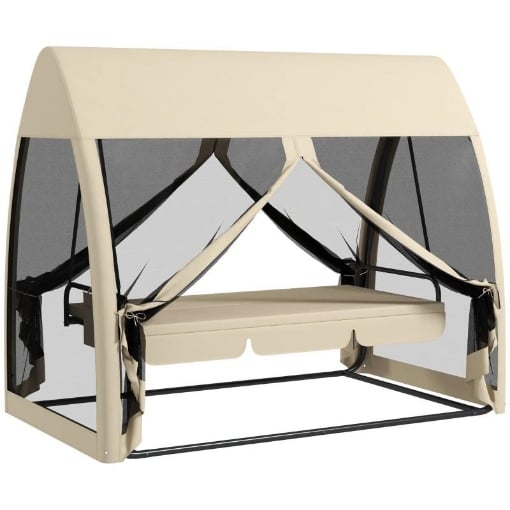 DONDOLO DA GIARDINO 2 IN 1 CONVERTIBILE IN LETTO CON CUSCINI E ZANZARIERA 240X140X197 CM CAFFÈ