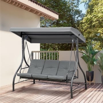 DONDOLO DA GIARDINO 3 POSTI CONVERTIBILE IN LETTINO CON TETTUCCIO REGOLABILE, GRIGIO SCURO