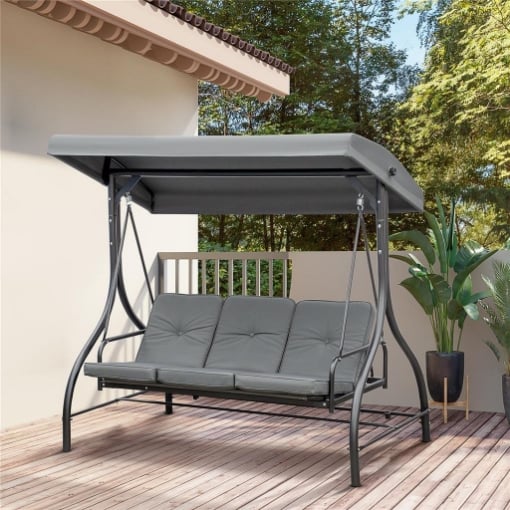 DONDOLO DA GIARDINO 3 POSTI CONVERTIBILE IN LETTINO CON TETTUCCIO REGOLABILE, GRIGIO SCURO