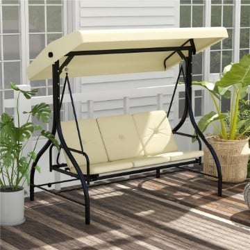 DONDOLO DA GIARDINO 3 POSTI CON TETTUCCIO REGOLABILE, IN METALLO E TESSUTO TESLIN, BEIGE E NERO