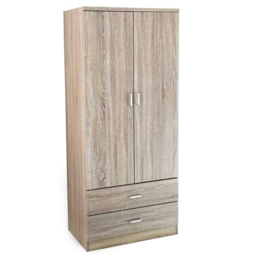 ARMADIO IN LEGNO MINIMAL CON 2 ANTE E CASSETTI, MANIGLIA, COLORE ROVERE 80 X 52 X 190 CM 