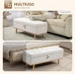 PANCA CONTENITORE DA 80L IMBOTTITA CON RIVESTIMENTO IN TESSUTO E GAMBE IN LEGNO, 118X42X45 CM, CREMA