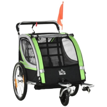 RIMORCHIO BICI PER BAMBINI E PASSEGGINO 2 IN 1 CON CINTURA, TASCHE E BANDIERINA, VERDE