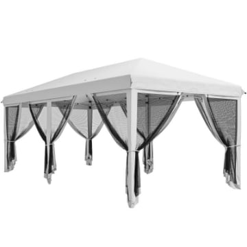 GAZEBO PIEGHEVOLE CON 6 TENDE ZANZARIERA E STRUTTURA IN ACCIAIO, 585X295X270CM, BIANCO CREMA