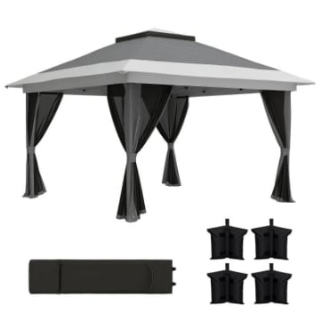 GAZEBO PIEGHEVOLE 3.6X3.6 M CON PARETI ALTEZZA REGOLABILE E PROTEZIONE UPF50+ BORSA CON RUOTE GRIGIO