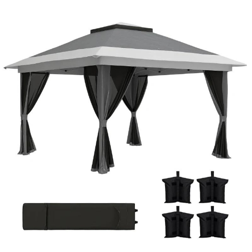 GAZEBO PIEGHEVOLE 3.6X3.6 M CON PARETI ALTEZZA REGOLABILE E PROTEZIONE UPF50+ BORSA CON RUOTE GRIGIO
