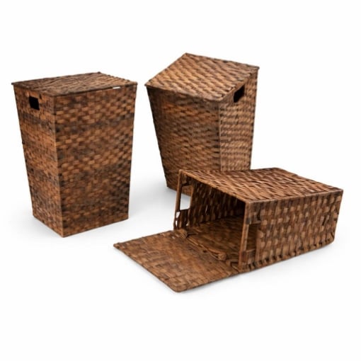SET 3 CESTE PORTABIANCHERIA CON COPERCHIO IN VIMINI IN COLORE MARRONE