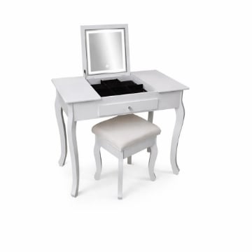 CONSOLLE INGRESSO BIANCA IN LEGNO 80X40X74 CM CON SPECCHIO ILLUMINATO E SGABELLO