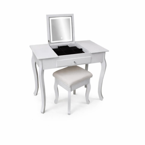 CONSOLLE INGRESSO BIANCA IN LEGNO 80X40X74 CM CON SPECCHIO ILLUMINATO E SGABELLO