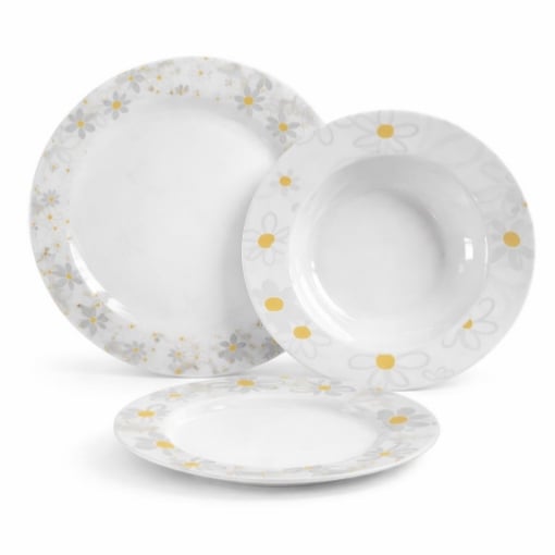 MA MAISON SERVIZIO PIATTI 18 PEZZI IN PORCELLANA CON MARGHERITE, SET TAVOLA 6 PERSONE 6 PIANI 6 FONDI 6 DESSERT BIANCO