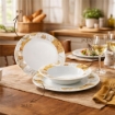 MA MAISON SERVIZIO PIATTI 18 PEZZI IN PORCELLANA LUX, SET TAVOLA 6 COPERTI 6 PIANI 6 FONDI 6 DESSERT DECORAZIONE FLOREALE ORO