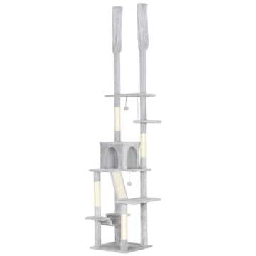 ALBERO TIRAGRAFFI A SOFFITTO CON ALTEZZA REGOLABILE 225-255 CM CON CASETTA E AMACA, GRIGIO CHIARO