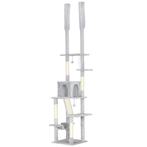 ALBERO TIRAGRAFFI A SOFFITTO CON ALTEZZA REGOLABILE 225-255 CM CON CASETTA E AMACA, GRIGIO CHIARO