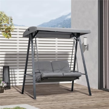 DONDOLO 2 POSTI CON TETTUCCIO REGOLABILE E CUSCINI IN ACCIAIO E POLIESTERE 144X117X173 CM GRIGIO