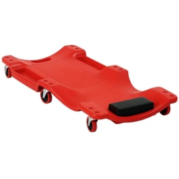 CARRELLO DA MECCANICO CON POGGIATESTA IMBOTTITO E 2 VASSOI LATERALI IN PLASTICA ROSSA, 100X48X12 CM