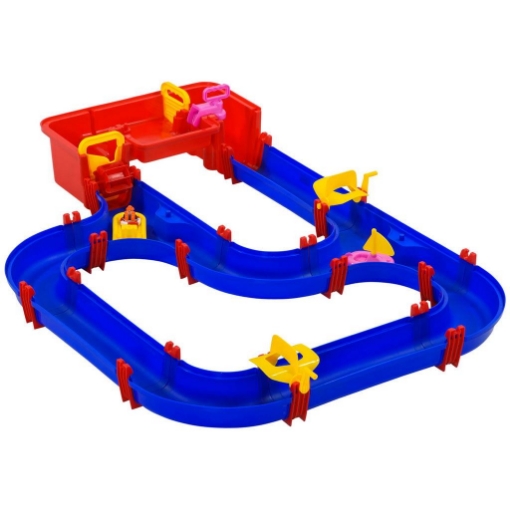 PLAYSET ACQUATICO 53 PEZZI CON ACQUA E SABBIA, PERCORSO ACQUATICO PER BAMBINI 3-6 ANNI CON ACCESSORI E PARTI COMPONIBILI, IN PP, 123X90X7CM, BLU E ROSSO