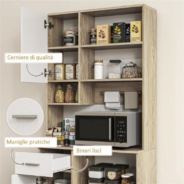 MOBILE DISPENSA IN LEGNO CON CASSETTO, 3 ARMADIETTI E 4 RIPIANI APERTI, 80X35X180 CM, BIANCO