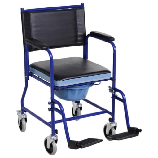 SEDIA A ROTELLE BAGNO CON VASO RIMOVIBILE IN TUBI DI FERRO E PVC, NERO E BLU, 83X53X85CM