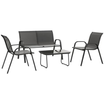 SET DA GIARDINO CON DIVANO 2 POSTI 2 POLTRONE IMPILABILI E TAVOLINO IN VETRO NERO