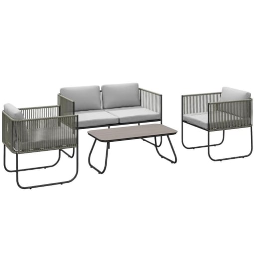 SET DA GIARDINO RATTAN CON DIVANETTO 2 POSTI 2 POLTRONE E TAVOLINO IN VETRO CUSCINI SFODERABILI GRIGIO