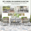 SET DA GIARDINO RATTAN CON DIVANETTO 2 POSTI 2 POLTRONE E TAVOLINO IN VETRO CUSCINI SFODERABILI GRIGIO