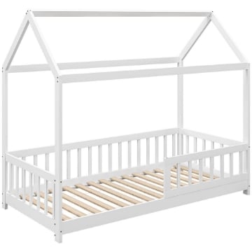 STRUTTURA LETTO PER BAMBINI A FORMA DI CASETTA CON DOGHE E RECINZIONE, IN LEGNO DI PINO, 96X195X165 CM, BIANCO
