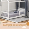 STRUTTURA LETTO PER BAMBINI A FORMA DI CASETTA CON DOGHE E RECINZIONE, IN LEGNO DI PINO, 96X195X165 CM, BIANCO