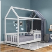 STRUTTURA LETTO PER BAMBINI A FORMA DI CASETTA CON DOGHE E RECINZIONE, IN LEGNO DI PINO, 96X195X165 CM, BIANCO