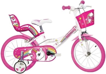 BICICLETTA 14 POLLICI UNICORN BAMBINA CON ROTELLE SEGGIOLINO E CESTINO ARTICOLO USATO 