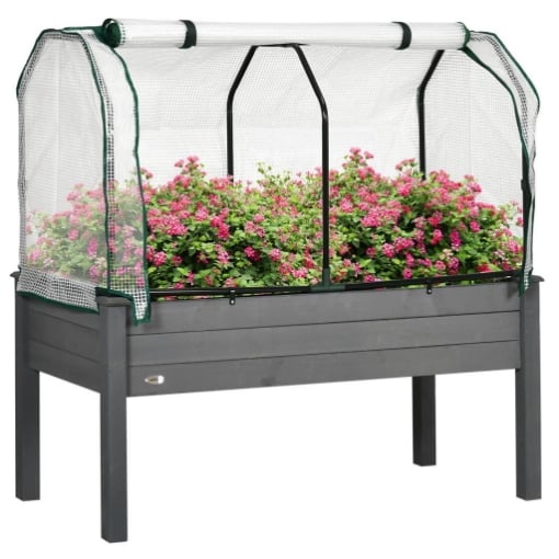 LETTO PER ORTO CON SERRA DA GIARDINO, PORTAPIANTE DA ESTERNO IN LEGNO E PE, 121X55X117 CM, GRIGIO SCURO