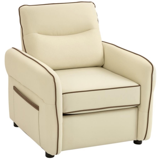 POLTRONA DA SALOTTO MODERNA CON IMBOTTITURA SPESSA, TASCA LATERALE E RIVESTIMENTO IN FINTA PELLE, BEIGE
